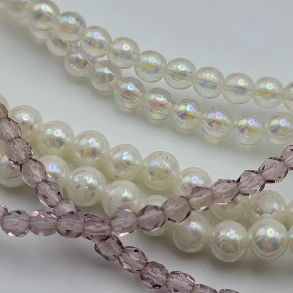 Vintage Faux Pearl Necklace White And Pink Multi Strand Gold Tone Box Clasp 17